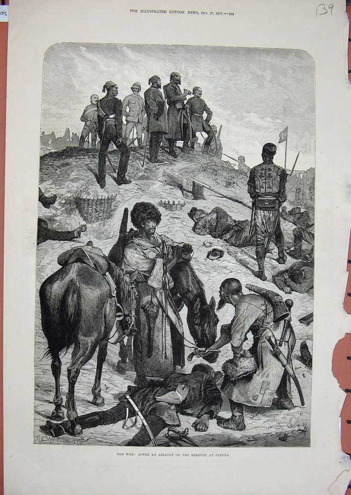 Old Antique Print 1877 War Assault Redoubt Plevna Horse Dead Bodies Art 19th