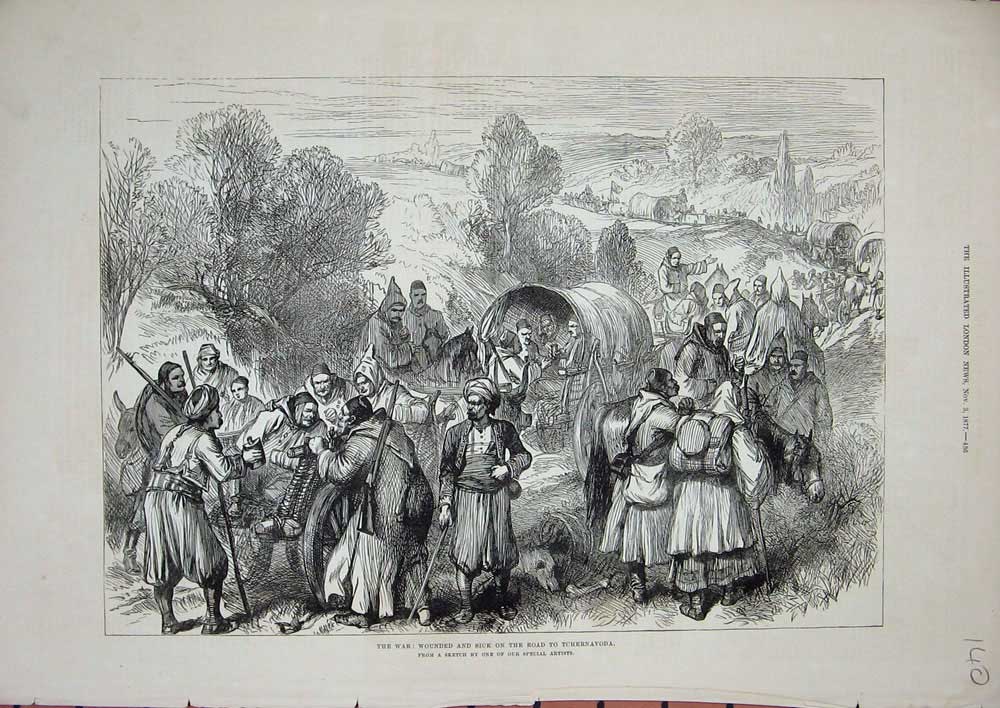Original Old Antique Print 1877 War Wounded Sick Travelling Tchernavoda Country