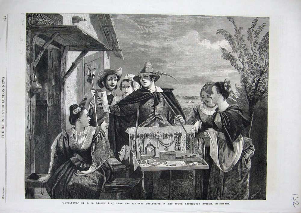Old Antique Print 1865 Autolycus Travelling Salesman Women Kensington Art 19th