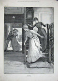 Original Old Antique Print 1880 Cox Fine Art Ladies Staircase Mistletoe Romance