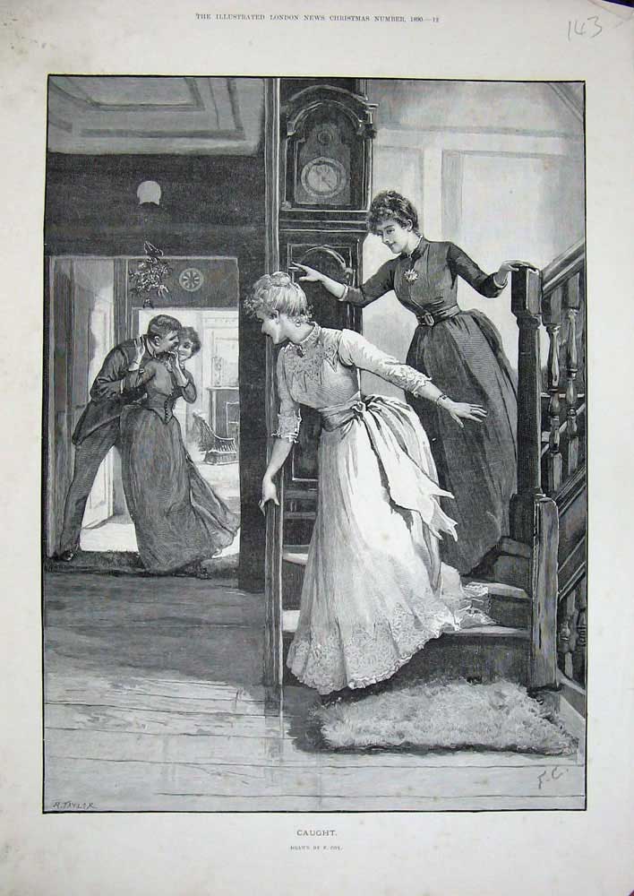 Original Old Antique Print 1880 Cox Fine Art Ladies Staircase Mistletoe Romance