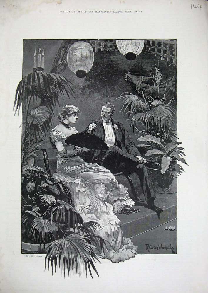 Original Old Antique Print 1881 Woodville Fine Art Man Womance Romance Garden