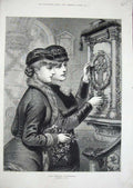 Original Old Antique Print 1880 Hunt Fine Art Vicars Daughters Holly Christmas