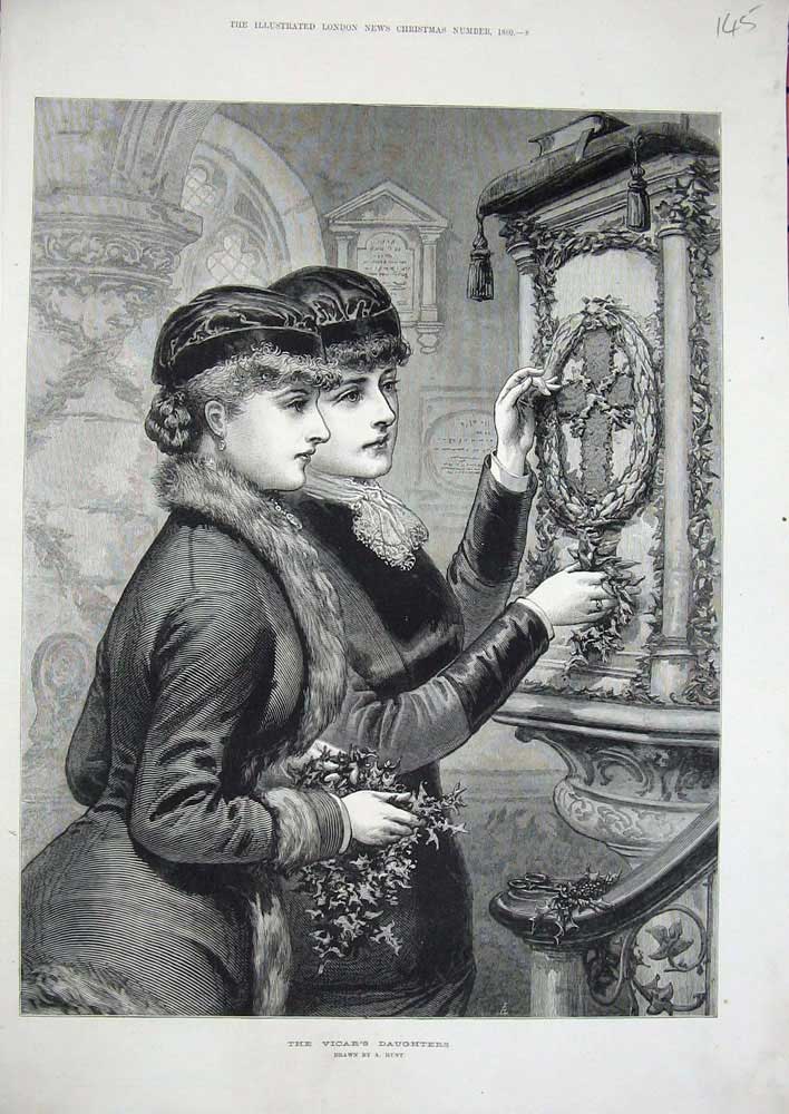 Original Old Antique Print 1880 Hunt Fine Art Vicars Daughters Holly Christmas
