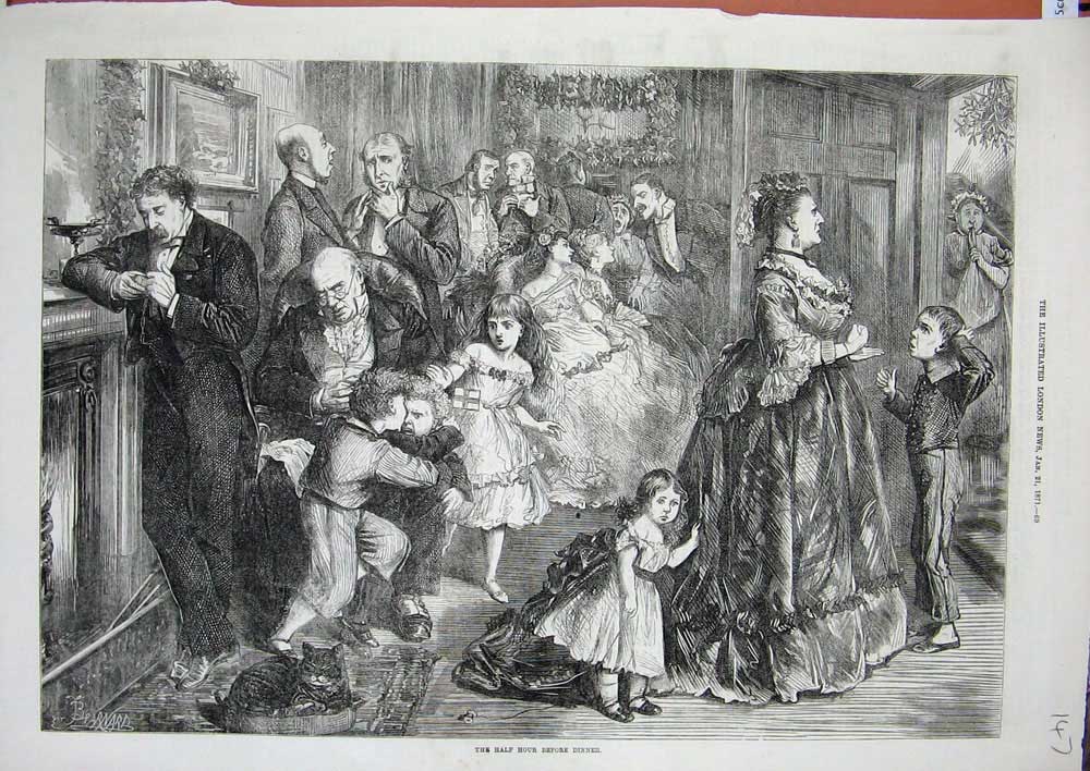 Original Old Antique Print Family Home Dresses Cat Children Men Women 1871 19th