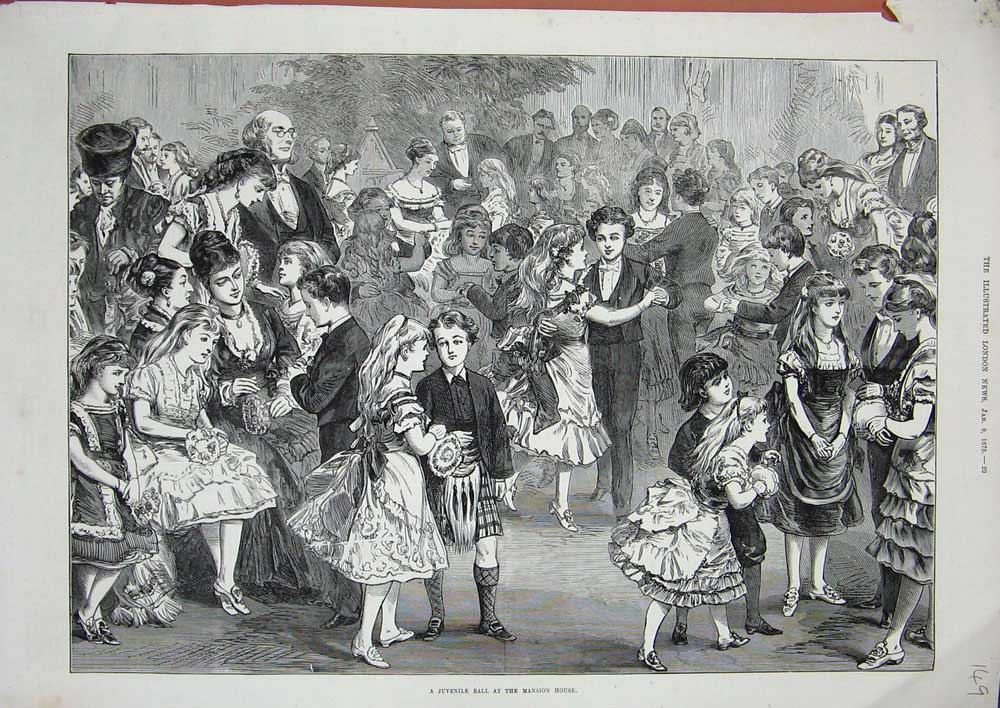 Original Old Antique Print 1875 Childrens Juvenile Mansion House Dancing Party