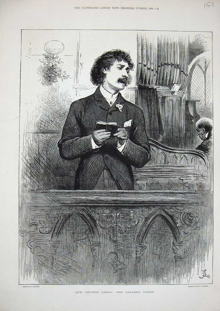 Old Antique Print 1882 Church Choir Man Leading Tenor Singing Organ Art 19th