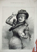 Original Old Antique Print 1881 Taylor Lady Woman Snowball Winter Fur Scarf