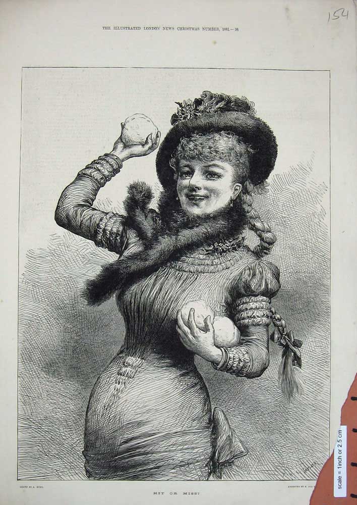 Original Old Antique Print 1881 Taylor Lady Woman Snowball Winter Fur Scarf