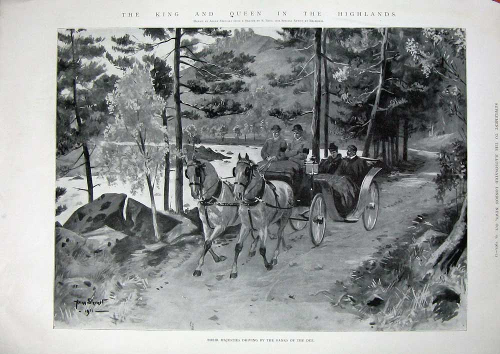 Old Antique Print 1901 King Queen Mar Lodge Scotland River Dee Carriage 20th