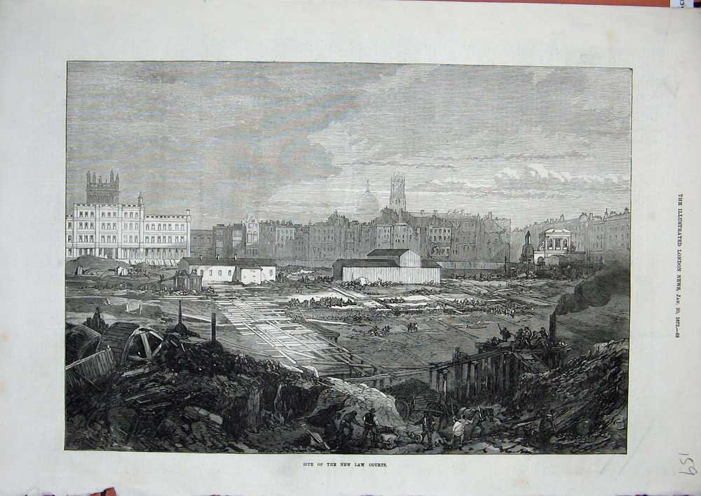Original Old Antique Print 1872 Law Courts Buildings Architecture Town Fine Art