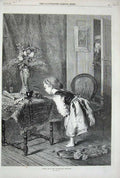 Old Antique Print 1870 Thuillier Fine Art Little Girl House Table Flowers 19th