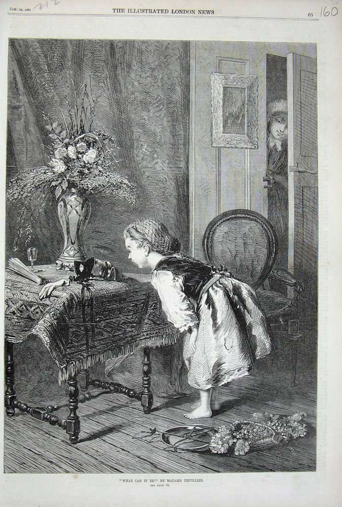 Old Antique Print 1870 Thuillier Fine Art Little Girl House Table Flowers 19th