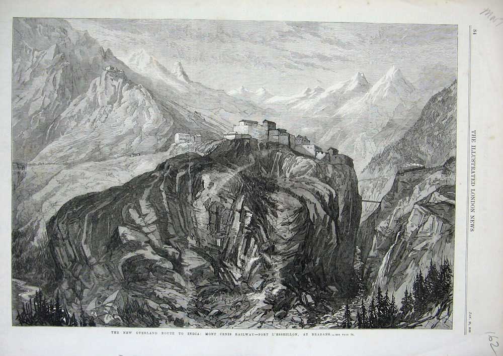 Old Antique Print Mont Cenis Railway Fort L'Essellon Brabans 1869 Train 19th