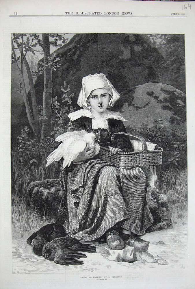 Old Antique Print 1870 Perrault Fine Art Young Girl Market Chicken Basket 19th