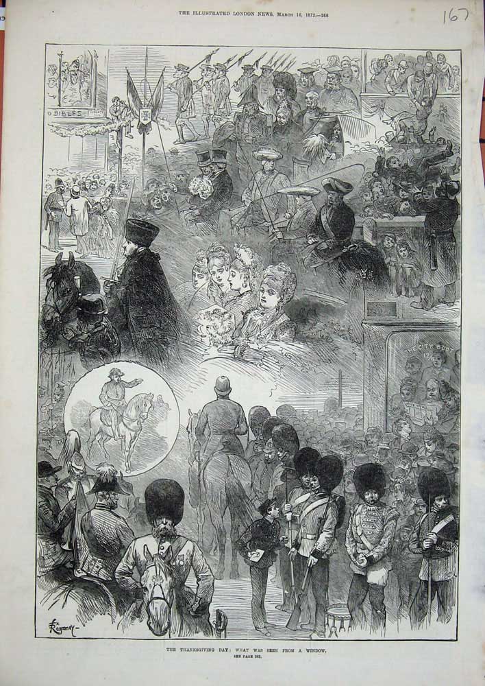 Old Antique Print 1872 Thanksgiving Guards Street Procession Horse Coach 19th
