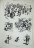 Original Old Antique Print 1883 Country Children Races Sport Picnic Luncheon