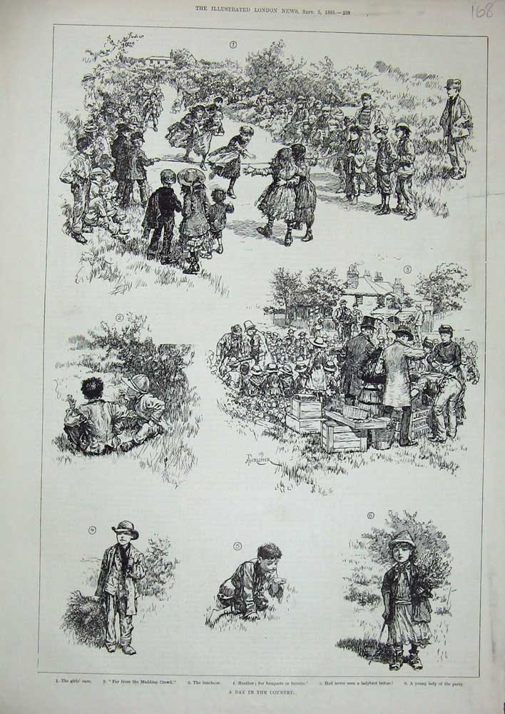 Original Old Antique Print 1883 Country Children Races Sport Picnic Luncheon