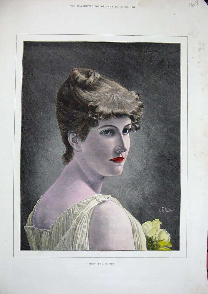 Old Antique Print 1889 Colour Portrait Irene Beautiful Woman Lady Seifert 19th