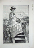 Old Antique Print Beautiful Woman Lady Basket Sea Flowers 1883 Fine Art 19th