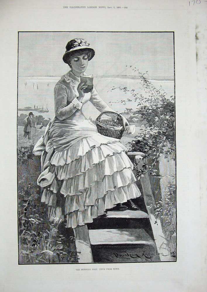Old Antique Print Beautiful Woman Lady Basket Sea Flowers 1883 Fine Art 19th