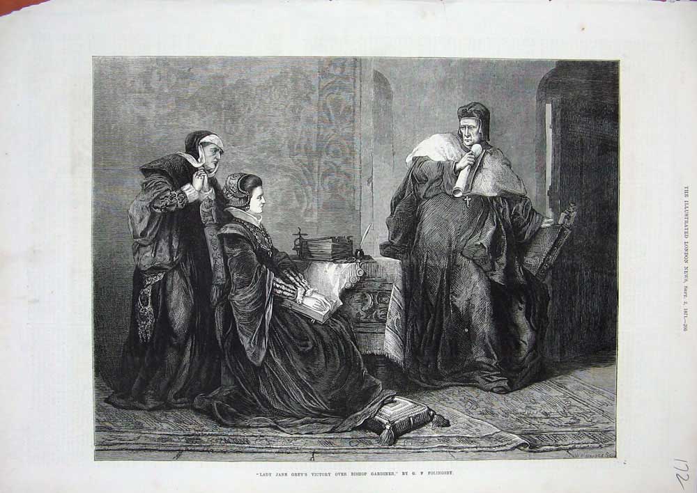 Original Old Antique Print 1871 Lady Jane Grey Bishop Gardiner Church Fine Art