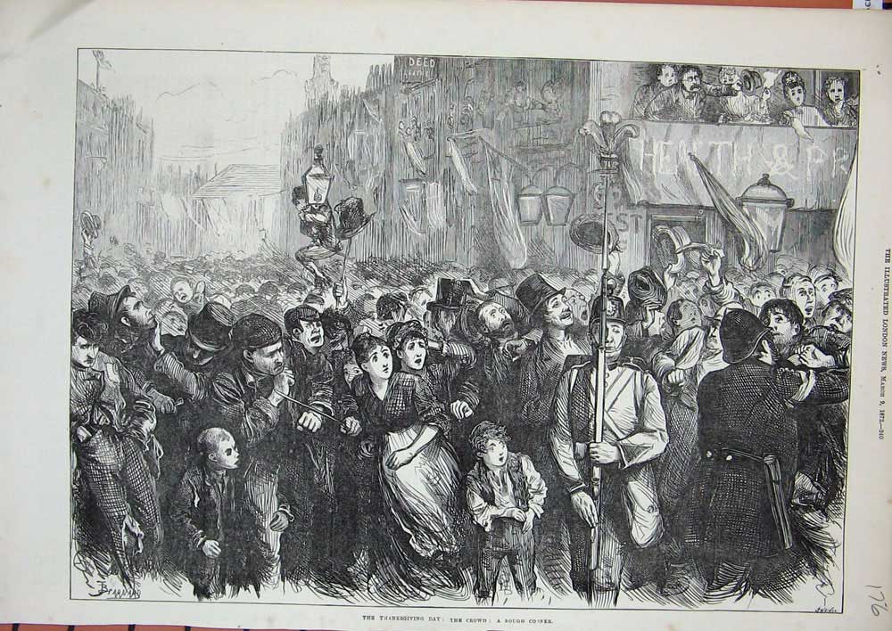 Old Antique Print Thanksgiving Day Street Procession 1872 Policeman Guard 19th