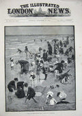 Old Antique Print 1884 Forestier Fine Art Beach Sea Family Animals Pets 19th