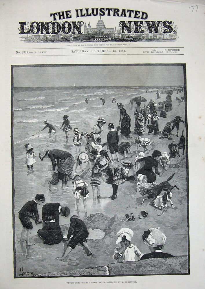 Old Antique Print 1884 Forestier Fine Art Beach Sea Family Animals Pets 19th
