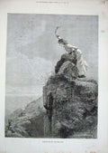 Original Old Antique Print 1881 Lady Waving Cliff Climbing Sea Family Fine Art