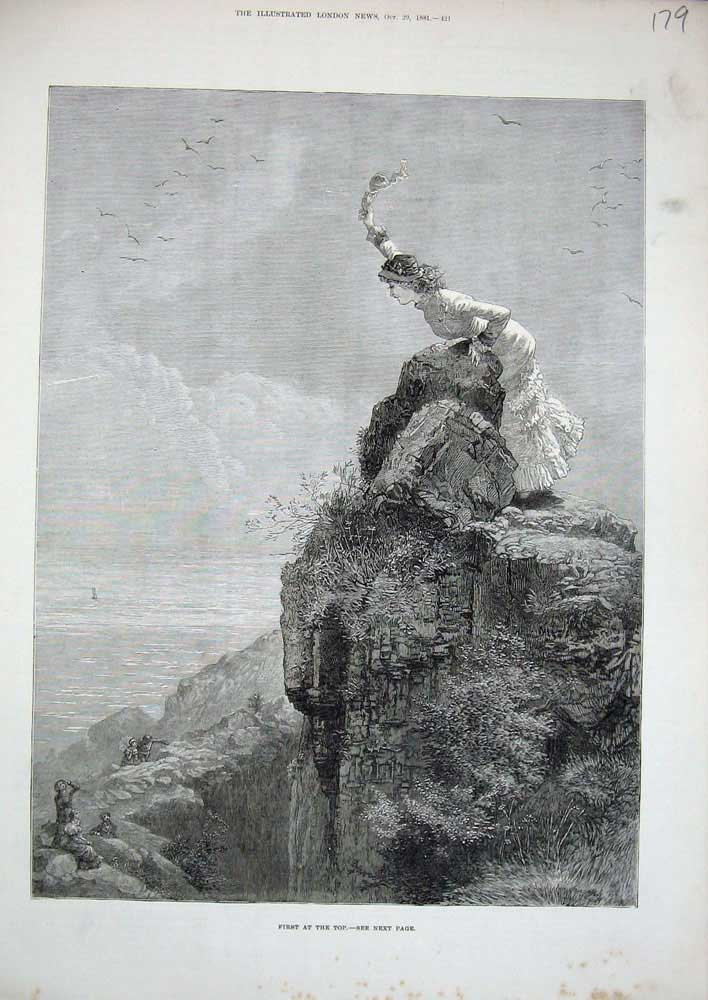 Original Old Antique Print 1881 Lady Waving Cliff Climbing Sea Family Fine Art