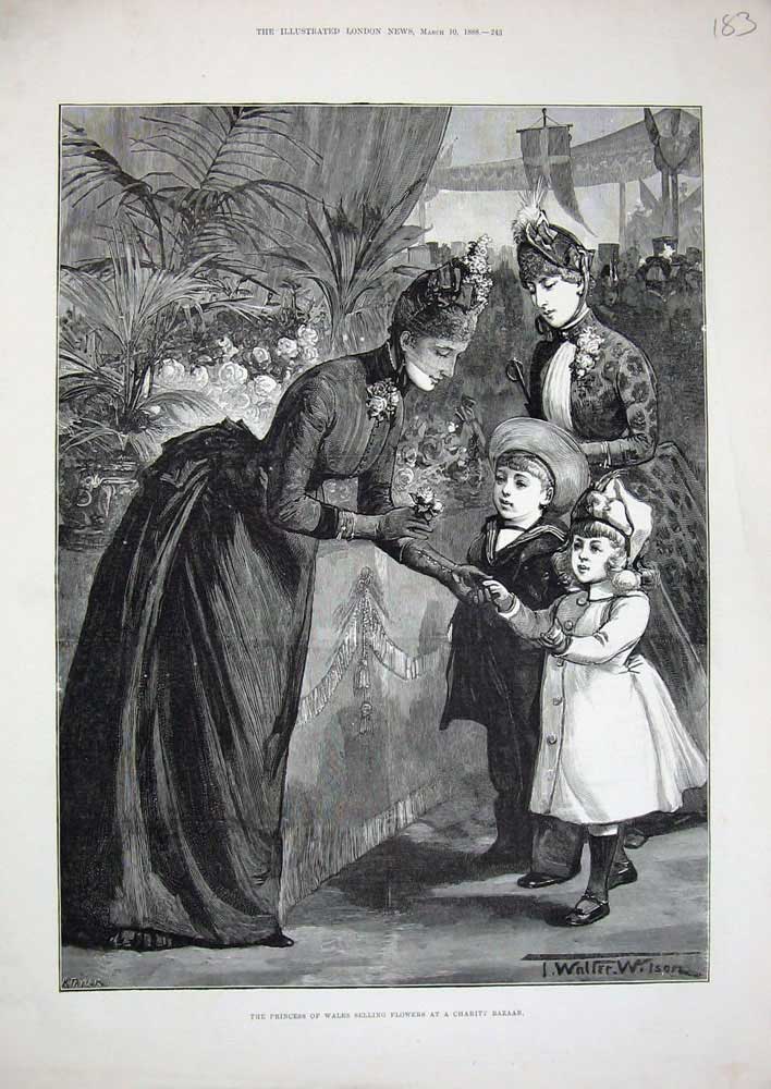 Antique Print *0300 1888 Princess Wales Selling Flowers Charity Bazaar Art
