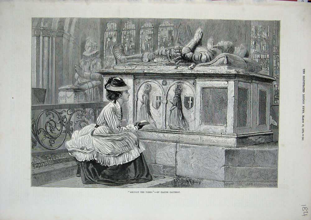 Original Old Antique Print 1876 Claude Calthrop Woman Tomb Church Fine Art 19th
