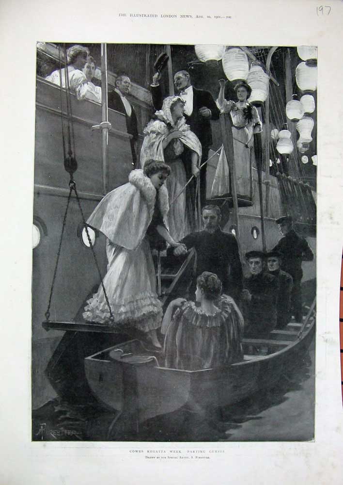 Old Antique Print 1901 Cowes Regatta Boat Guests Ship Sea People Fine Art 20th