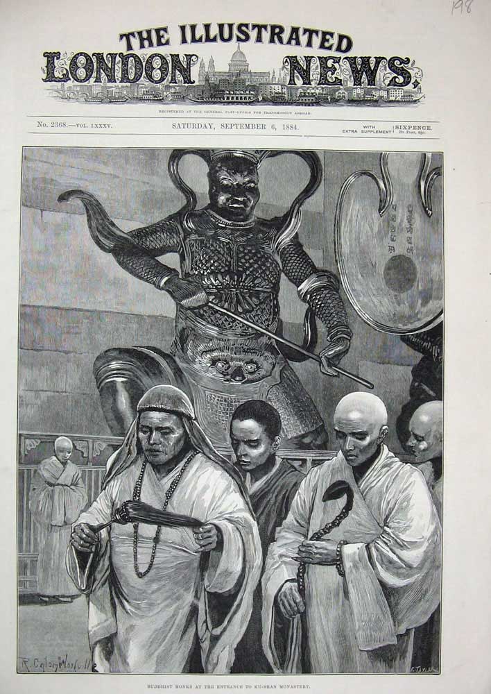 Old Antique Print 1884 Buddhist Monks Entrance Ku-Shan Monastery Fine Art 19th