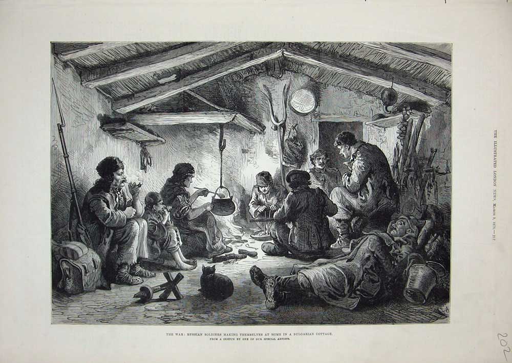 Original Old Antique Print 1878 War Russian Siers Bulgarian Cottage Food Fire