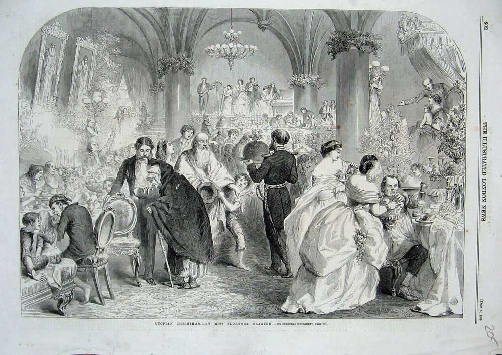Old Antique Print 1859 Utopian Christmas Party Banquet Florence Claxton 19th