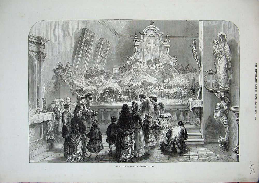 Old Antique Print 1873 Italian Church Christmas Time Statue Jesus Cross 19th