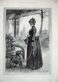 Original Old Antique Print Davidson Knowles Fine Art 1890 Woman Dog Bench Wall