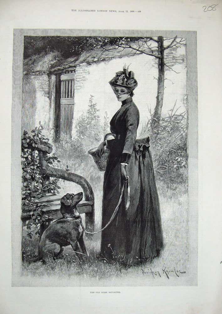 Original Old Antique Print Davidson Knowles Fine Art 1890 Woman Dog Bench Wall