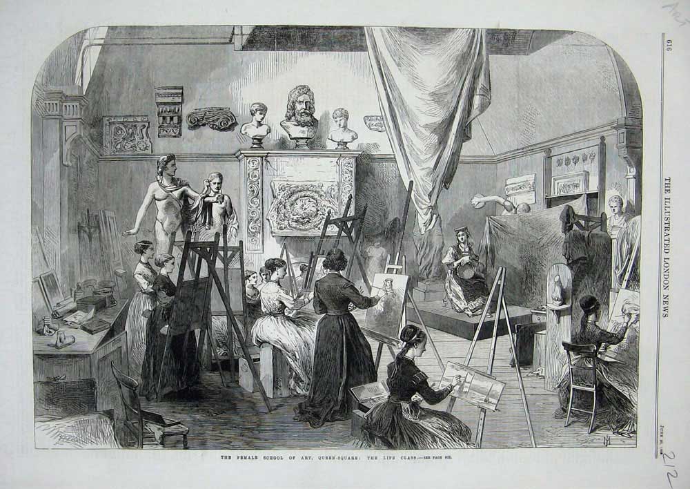 Old Antique Print Female School Art Queen Square Life Class Painting 1868 19th