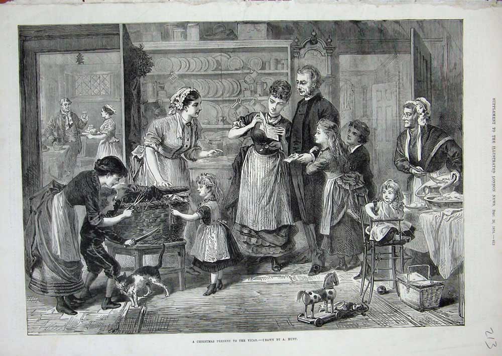 Original Old Antique Print 1874 Christmas Vicar Children Home Cat Toys 19th