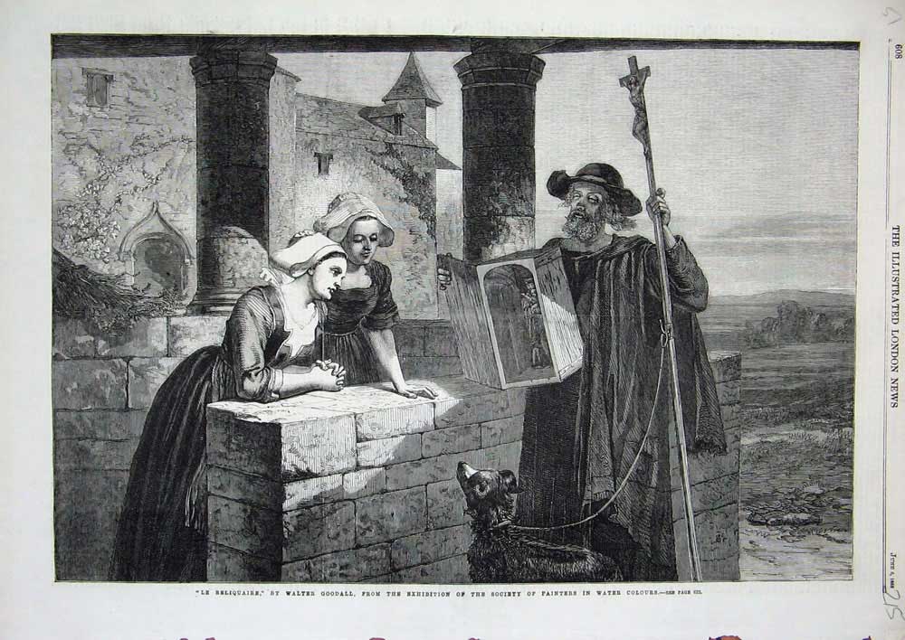 Original Old Antique Print 1863 Walter Goodall Fine Art Man Dog Young Women