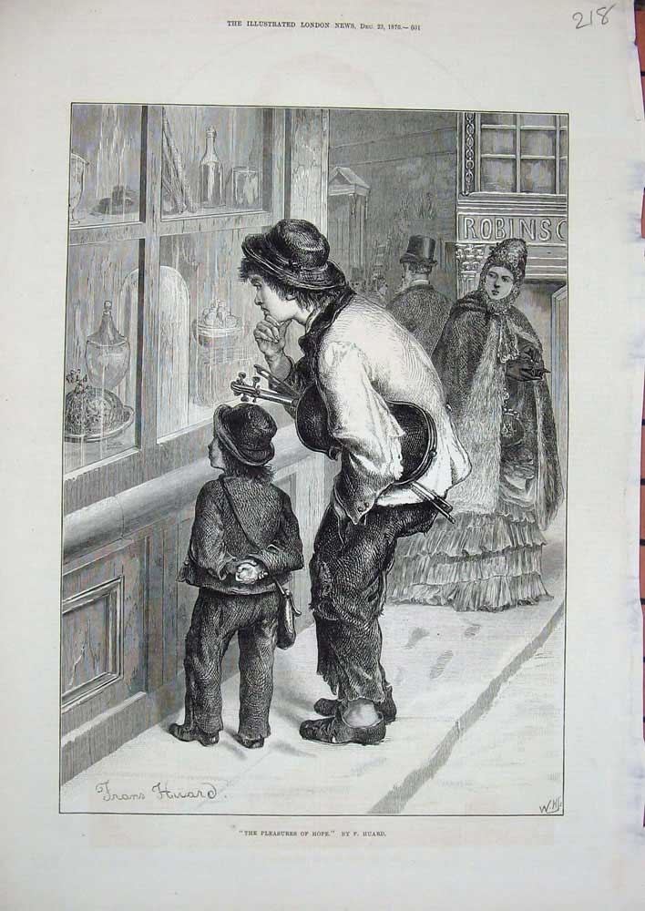 Original Old Antique Print 1876 Huard Fine Art Window Shop Boys Music Violin