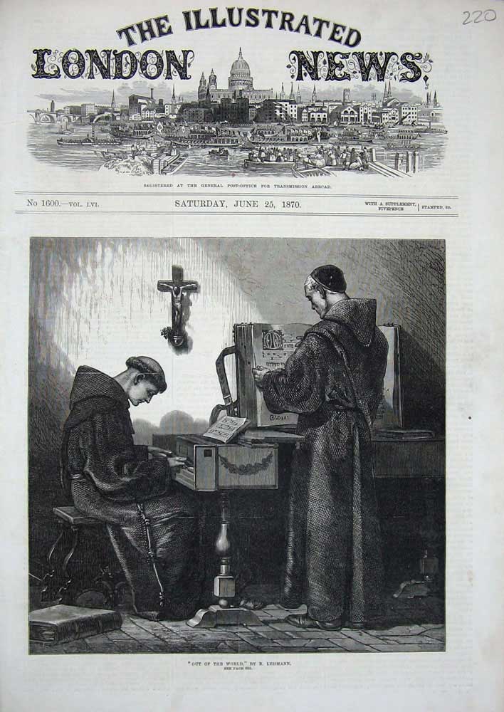 Original Old Antique Print 1870 Monks Men Music Instruments Holy Cross Fine Art
