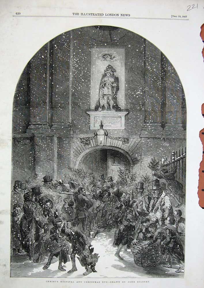 Original Old Antique Print 1857 Christ'S Hospital Christmas Eve Snow Winter Art