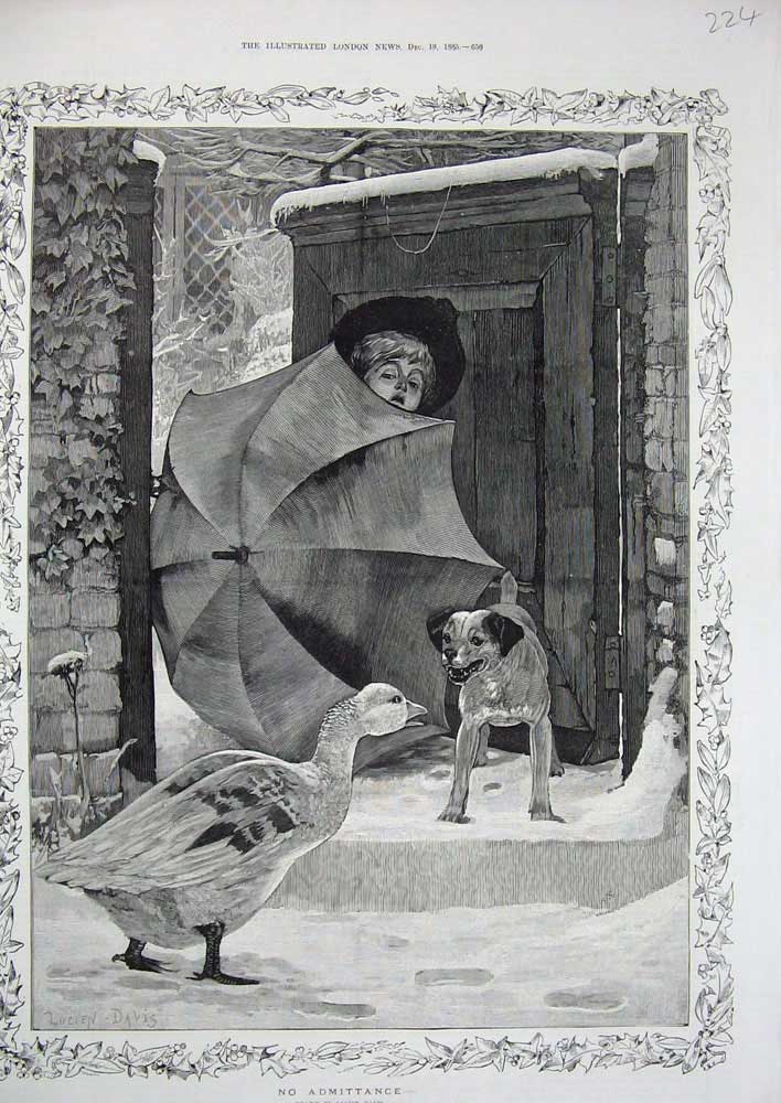 Original Old Antique Print Child Umbrella Gate Dog Duck 1885 Lucien Davies Art