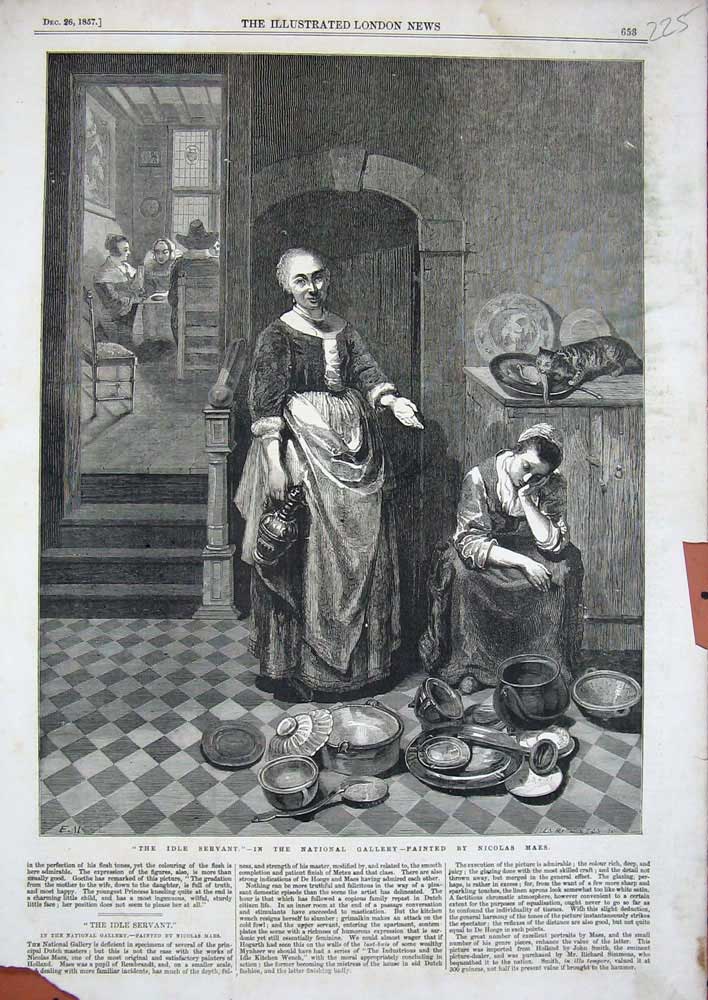 Old Antique Print 1857 Idle Servant Sleeping Lady House Nicolas Maes Art 19th