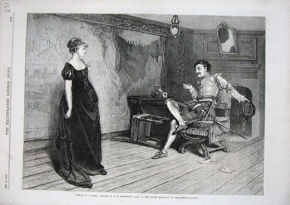 Original Old Antique Print 1870 Taming Shrew Man Woman Orchardson French Art