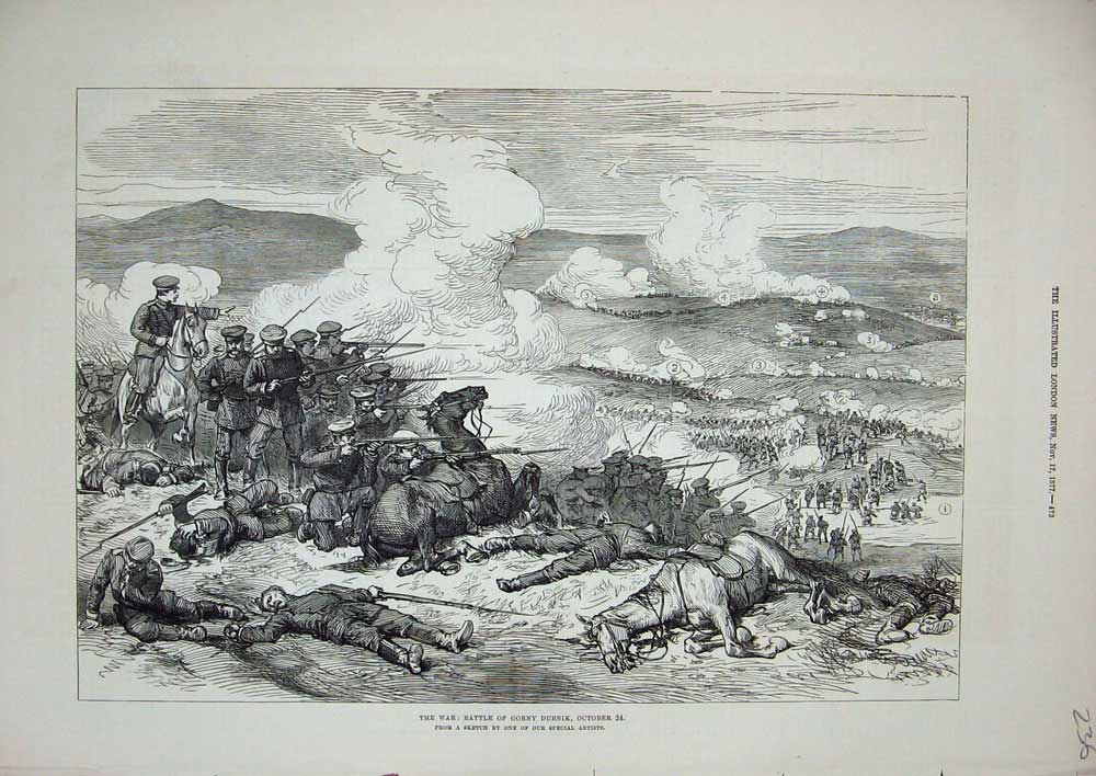 Original Old Antique Print War 1877 Battle Gorny Dubnik Siers Rifles Dead Army